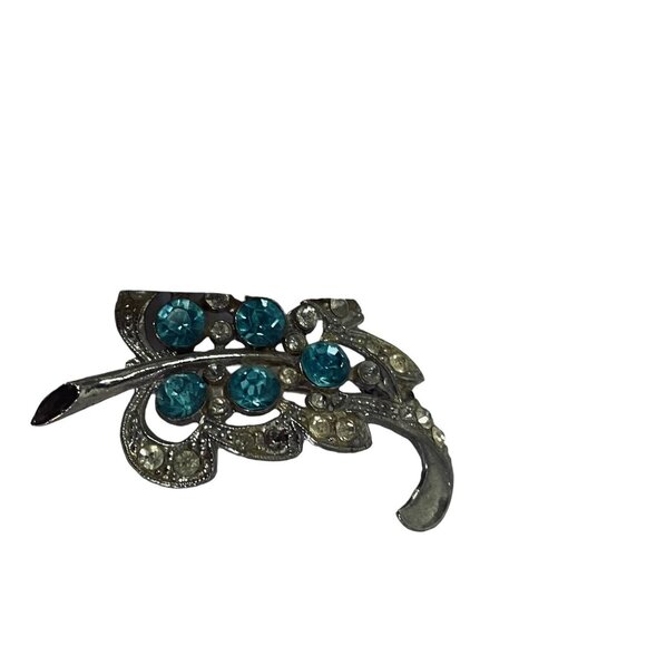 Vintage Womens Blue Flower Rhinestone Brooch Pin Silver Plated One Stone Is Miss - Picture 3 of 5